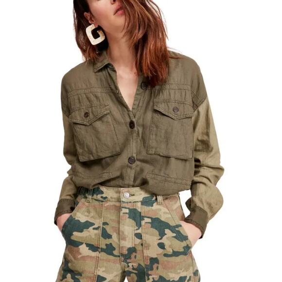 Free People DAY DRIFTER Utility Cargo Button Down Shirt Top Green M NWOT $128 - Picture 1 of 11